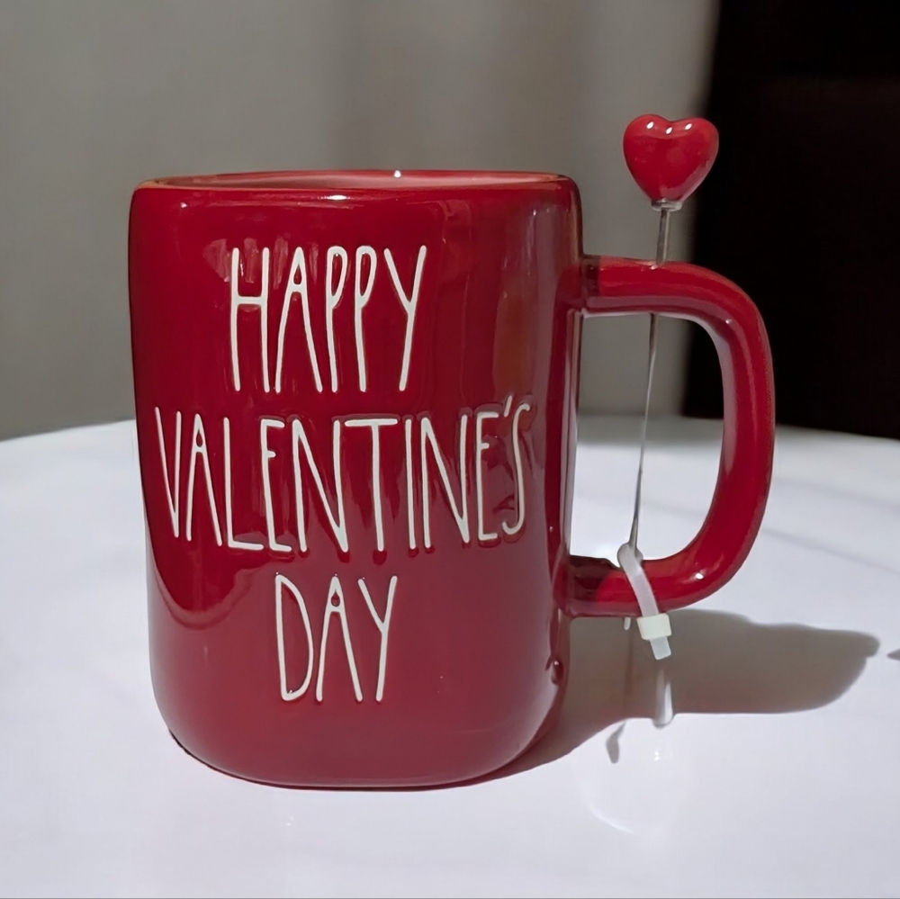 NEW Rae Dunn HAPPY VALENTINE'S DAY Mug with Red Heart Stirrer